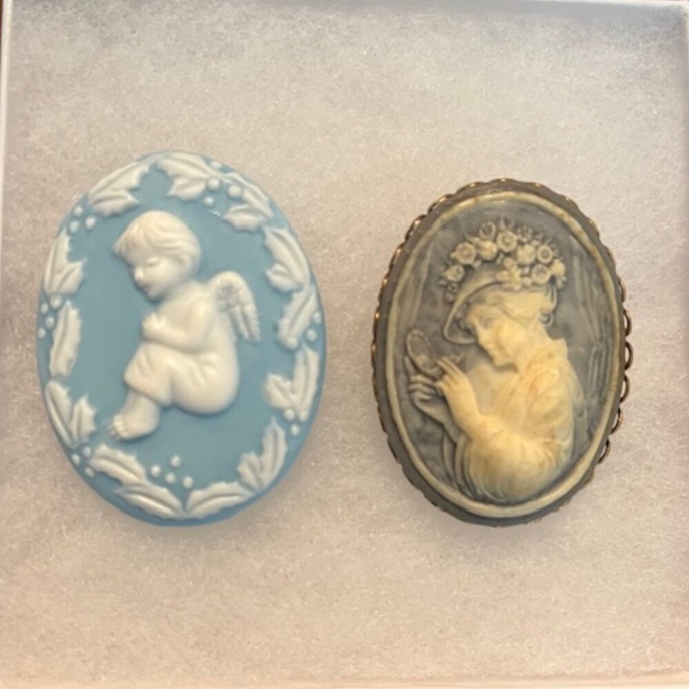 Vintage Cameo Brooch bundle 2pc blue cherub and Edwardian Lady with Mirror
